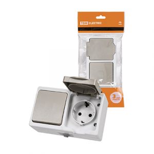 Блок горизонтальный выключатель 1кл. + розетка с/з IP54 серый "Вуокса" — изображение 1